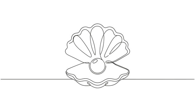 Continuous line drawing of an open clam shell with a round pearl inside representing valuable treasure and ocean beauty.