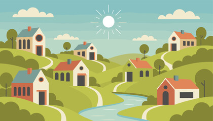Fototapeta premium Peaceful countryside village landscape showing colorful cozy houses rolling green hills a winding river and bright shining sun.