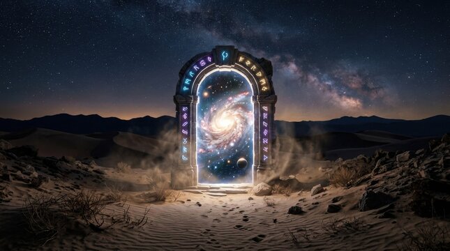 Mystical Portal in Desert Under Starry Night Sky with Galaxy and Milky Way.