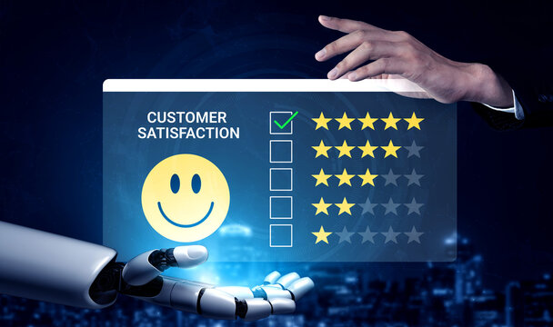 A futuristic scene depicting a robotic hand interacting with a customer satisfaction survey, showcasing modern technology role in service evaluation and user feedback. Cyphers