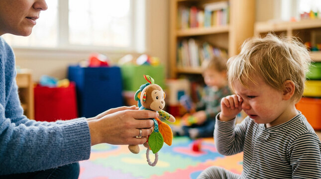 Mother comforting crying toddler with monkey toy in nursery