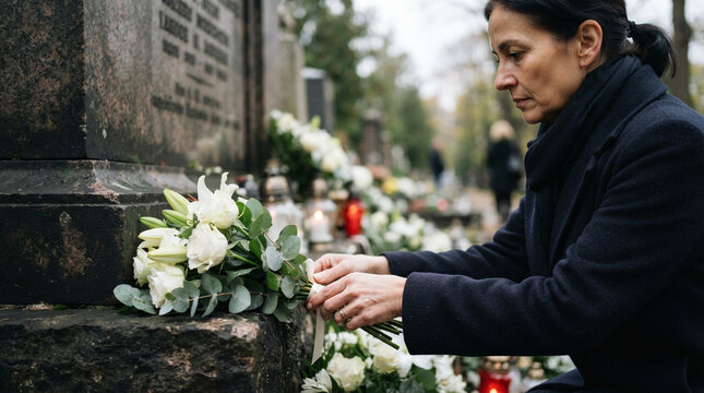 Mourning woman placing white flowers on a tombstone
