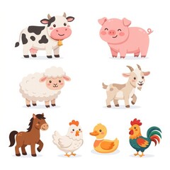 Fototapeta premium Farm Animal Vector Collection with Cow Pig Sheep Goat Horse Chicken Duck and Rooster Characters