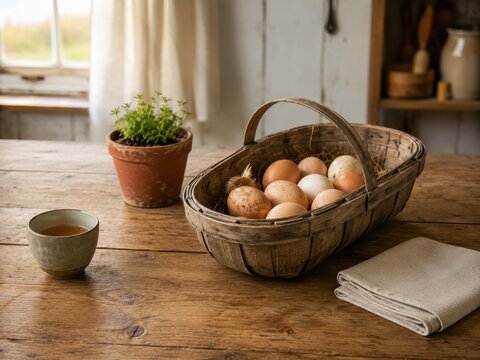 Rustic wooden basket filled with assorted eggs on a wooden table, accompanied by a small potted plant and a cup of tea, with a soft curtain and window in the background