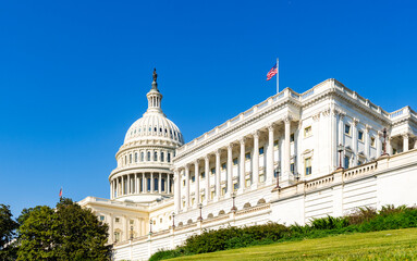 Fototapeta premium Capitol Hill hosts Senate building. Capitol Hill includes Congress chambers. Capitol Hill defines federal district. Capitol Hill shows political center.