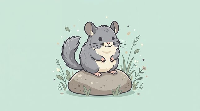 Adorable Hand Drawn Grey Chinchilla Illustration Sitting on a Rock with Soft Mint Green Nature Background