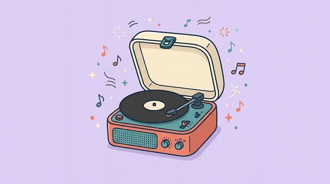 Retro Vintage Portable Vinyl Record Player Turntable with Floating Music Notes and Pastel Art Background