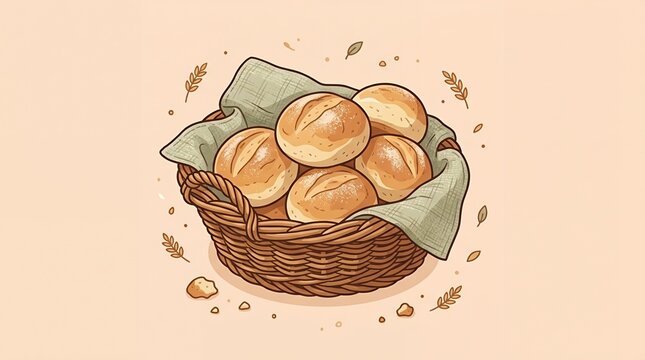 Freshly Baked Crusty Bread Rolls in a Wicker Basket with Fabric Napkin and Wheat Illustration for Bakery Menu