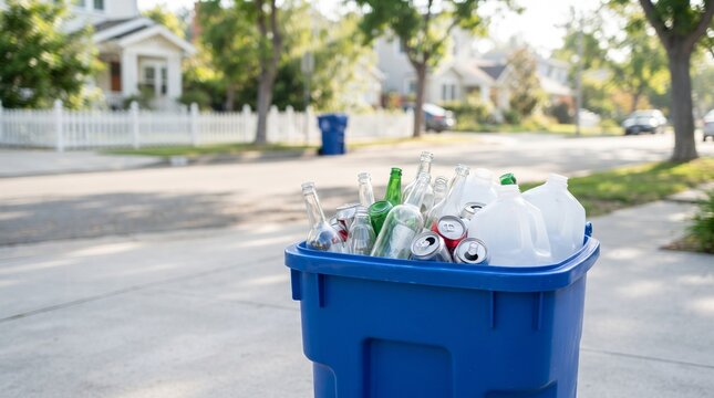Blue recycling bin overflowing with empty glass bottles and plastic jugs on a suburban street recycling waste garbage can waste management recyclable materials green living household waste