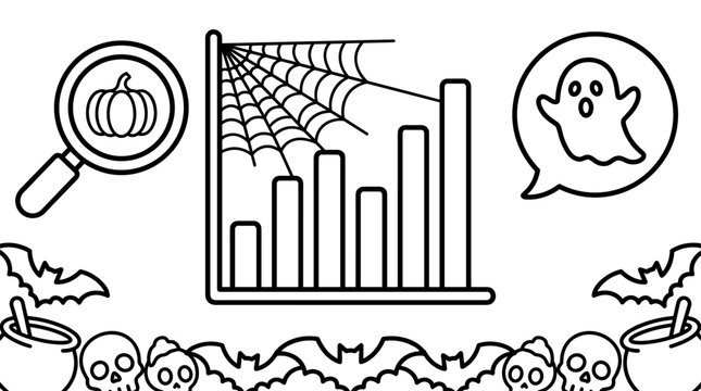 Halloween graphic elements: bar chart with spider web, magnifying glass with pumpkin, ghost in speech bubble, bats, skulls, cauldrons