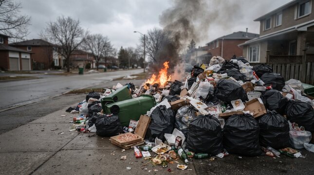 Large pile of garbage bags and trash burning on a residential street corner creating thick smoke with trash fire plastic bags smoke cloud urban waste environmental pollution dumpster fire
