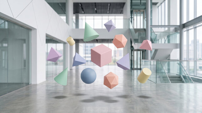 Floating 3d geometric shapes including cubes, spheres, cones, and pyramids in a modern architectural building interior