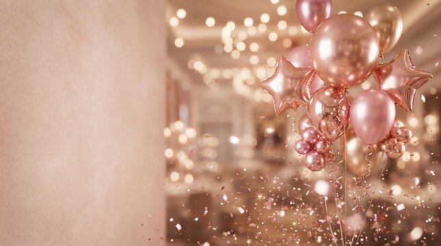 Soft focus celebration with pink balloons and sparkling confetti background