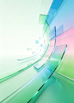 Futuristic Technology Banner with Transparent Colorful Glass Curved Structure on Light Green Gradient Background