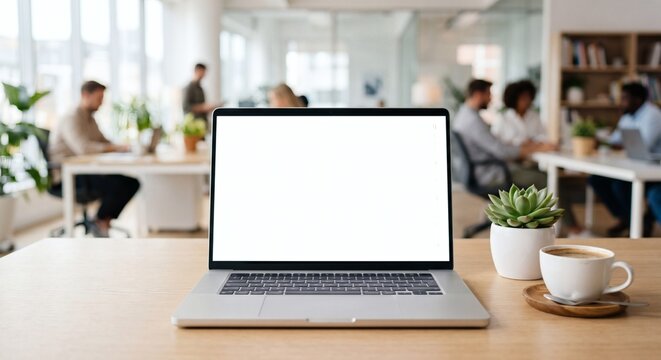 Photorealistic mockup of a laptop with a blank white screen on an office desk