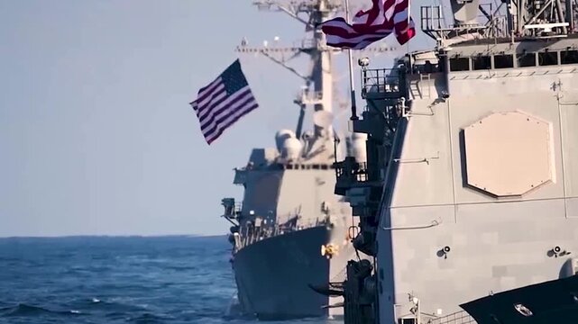 Naval Warships Sail in Formation Across the Ocean Displaying American Flags During a Military Exercise.