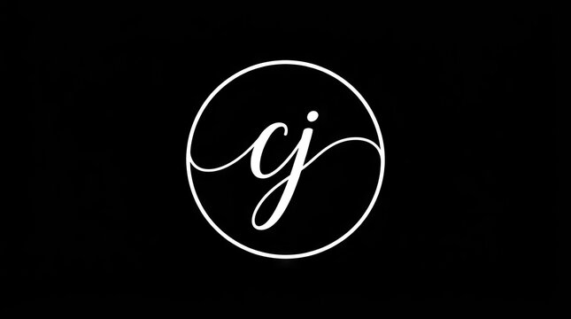 Circular white CJ script monogram on black background.
