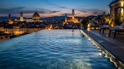 Fototapeta premium Luxury Rooftop Infinity Pool Overlooking Florence Skyline at Sunset