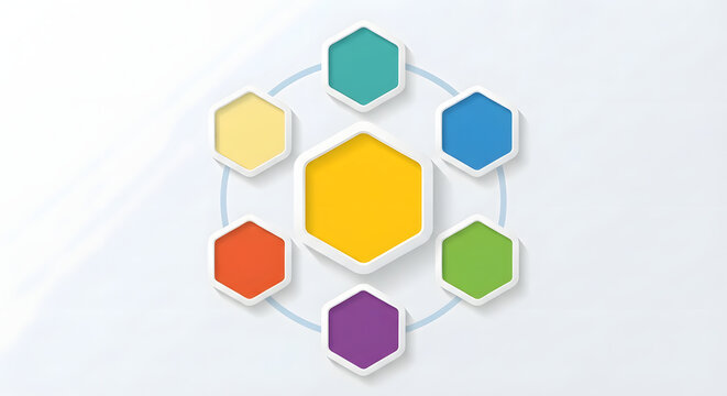 Hexagonal 6 steps flowchart template with central blank frame, concept of core strategy, data visualization and presentation graphic
