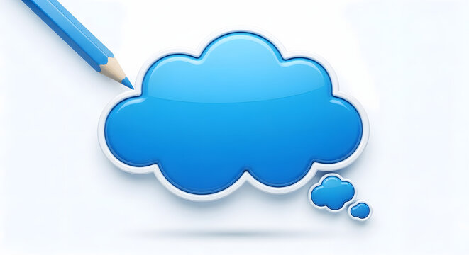 Close up of shiny blue cloud balloon icon with pencil, concept of cloud storage, education message frame and copy space rendering