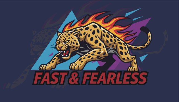 Powerful leopard sports mascot in dynamic pounce stance with stylized hot flames, reading Fast and Fearless.