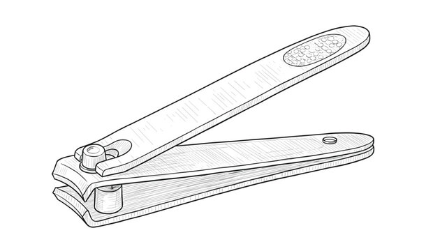 Classic metal nail clippers illustration rendered in detailed black and white line art vector sketch on a pure white background.