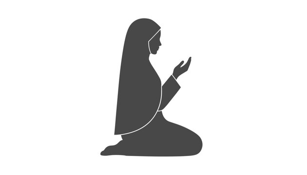 Silhouette of a Muslim woman kneeling in prayer with hands raised in supplication against a clean white background.