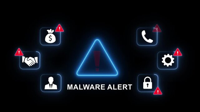Cybersecurity malware alert warning system featuring glowing digital interface for data protection, network security threats, online fraud prevention, and information technology risk management