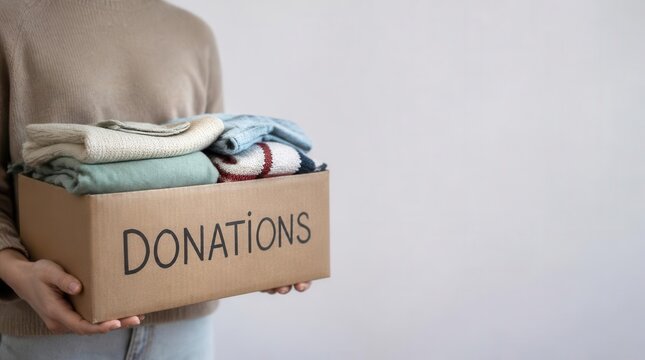 A person's hands gently cradle a cardboard receptacle filled with neatly folded apparel, signifying generosity and the act of charitable giving through community support programs