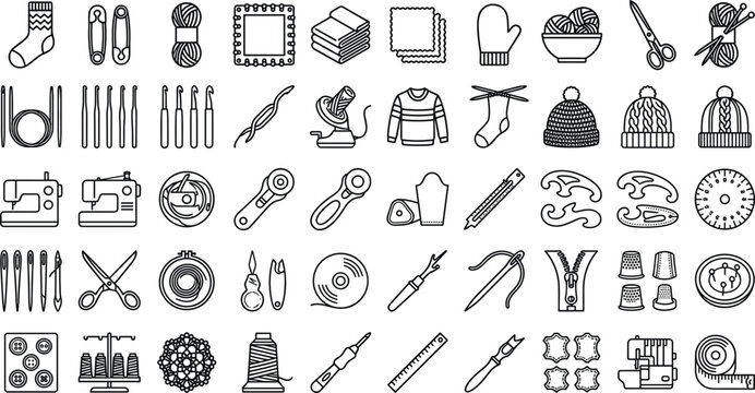 Knitting and sewing line icon vector set with yarn balls needles crochet hooks scissors buttons and tailoring equipment outlines