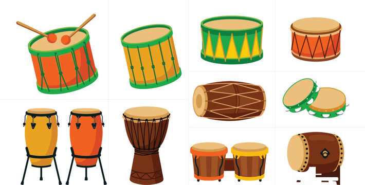 Musical drum vector icon set with traditional ethnic percussion instruments congas djembe bongo snare tambourine and wood sticks