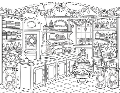 gingerbread bakery, gingerbread shop, christmas bakery, holiday bakery, gingerbread cookies, gingerbread house, festive bakery, christmas sweets, holiday desserts, bakery illustration, pastry shop, ch