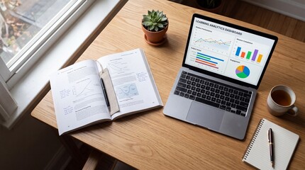 Obraz premium Laptop displaying modern analytics on a digital learning platform sits on a wooden desk next to an open textbook. Workspace set up for online education distance study.