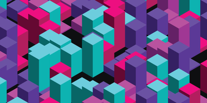 Isometric 3D block pattern, vibrant geometric cube background, abstract neon city landscape vector, colorful data visualization art