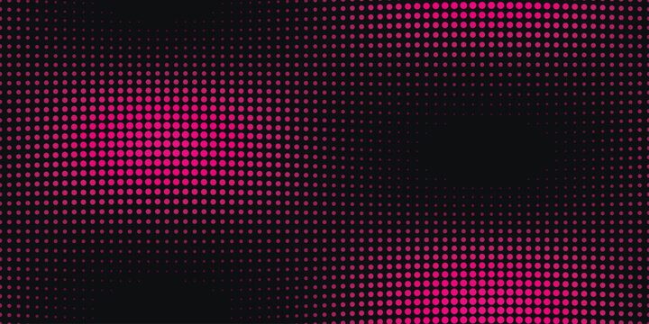 Pink halftone square pattern on black background, abstract pixelated neon gradient vector, retro digital tech texture for web banners