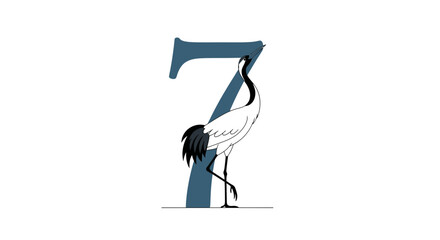 Naklejka premium Red-crowned crane bird standing in front of a large number 7, minimalist graphic design