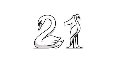 Naklejka premium Elegant Swan and Crane Form Numbers 2 and 1, Minimalist Vector Art