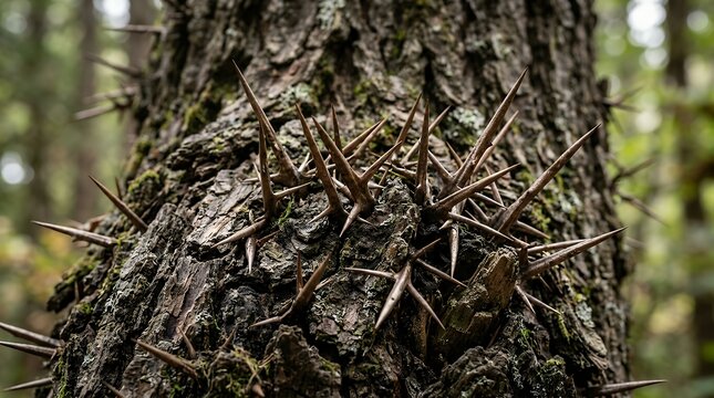 Detailed macro shot of sharp metallic brown spiked needles growing on a weathered tree bark illustrating natural protection mechanisms thorn honey-locust trunk bark tree sharp spike defense precision