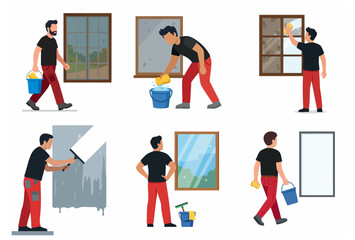 Fototapeta premium Professional window cleaning service vector illustration set featuring a male cleaner washing glass with squeegee and bucket