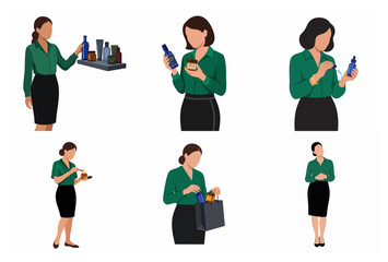 Obraz premium Flat vector illustrations of a woman in business attire shopping for and using various skincare and cosmetic products like serums and creams