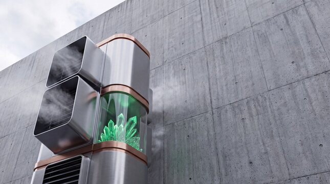 Modern Carbon Capture and Air Purification Device with Green Mineral Crystals on Concrete Wall Background with Copy Space
