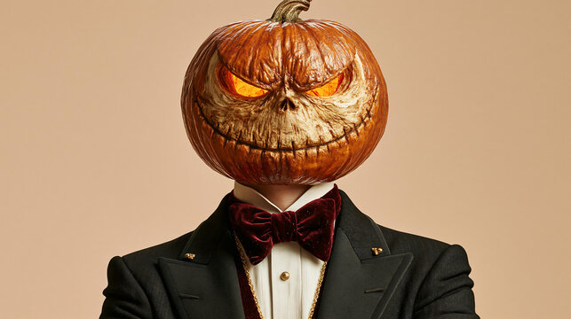 Stylish Person in a Black Suit with a Pumpkin Head Featuring an Eerie Expression for Halloween