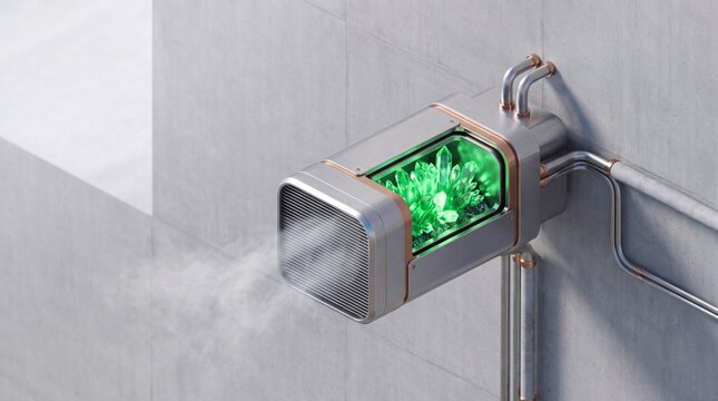 Modern Carbon Capture and Air Purification System with Green Crystals on Concrete Wall with Copy Space