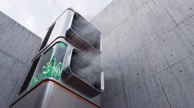 Futuristic Carbon Capture Tower with Green Crystals and Clean Mist on Concrete Wall with Copy Space