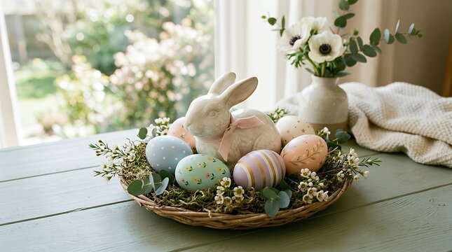 Pastel Color Decorated Easter Eggs and Bunny Figurine Displayed on a Soft Colored Surface easter eggs rabbit bunny colorful pastel decorated spring celebration holiday seasonal easter eggs easter
