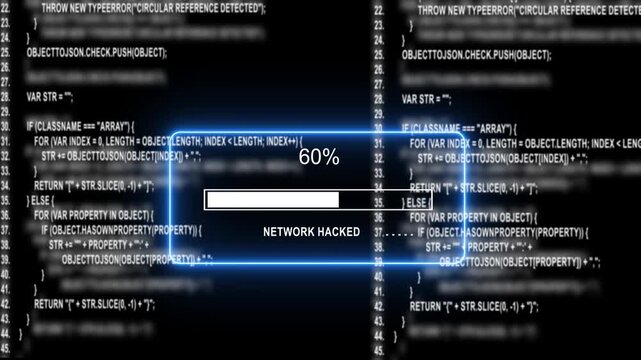 Cyber security network hacked progress bar with scrolling source code background, hacking data breach