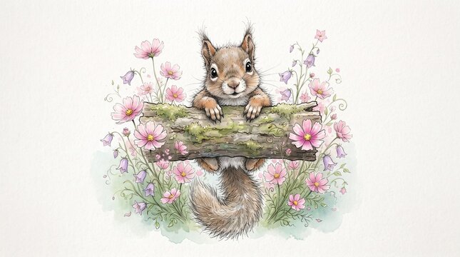 A charming watercolor fox with a playful expression nestles beside a tiny rabbit amid a lush garden of blooming flowers and vibrant foliage.