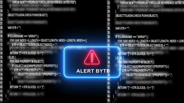 Glowing neon alert byte warning sign over scrolling computer programming code background, error