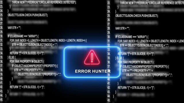 Error hunter neon sign over scrolling programming code background, for software development, coding