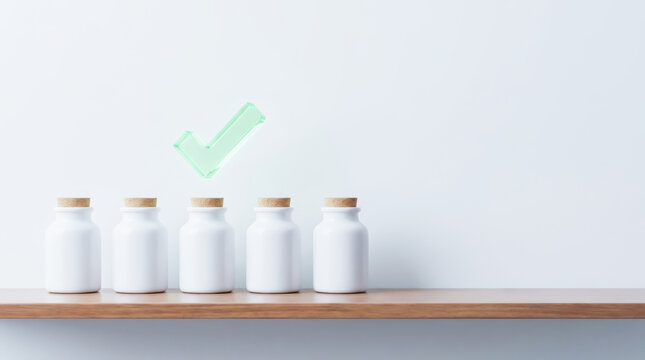 White medicine bottle healthcare insurance concept with green check mark on wooden shelf